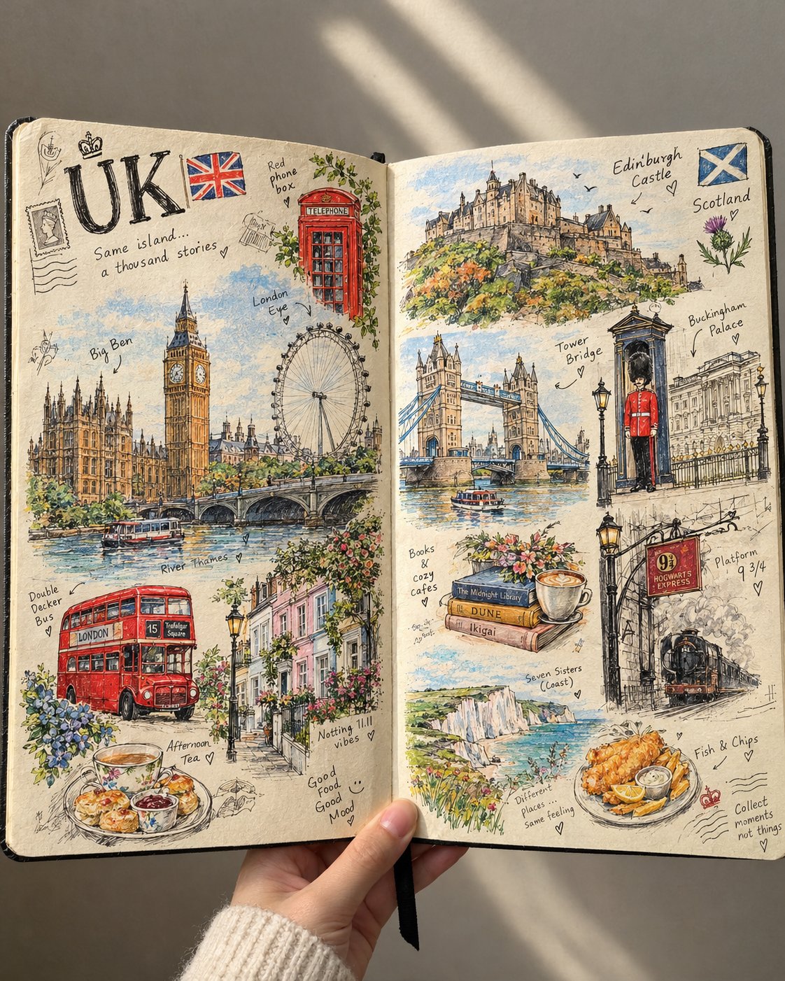 GPT Image 2.5 prompt for a hand-drawn travel sketchbook spread (image 2 of 3)