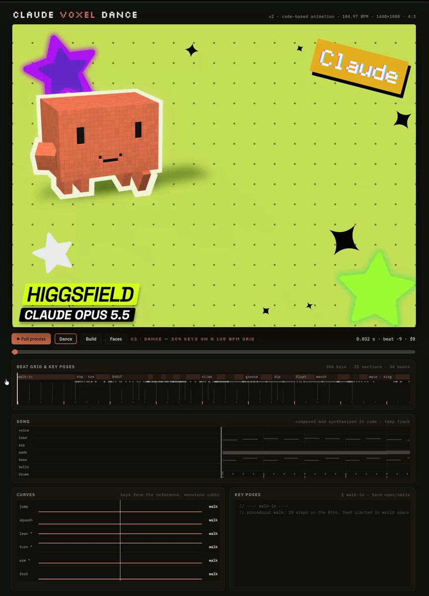 Opus 5.5 用 Higgsfield 做出纯代码 3D 角色动画