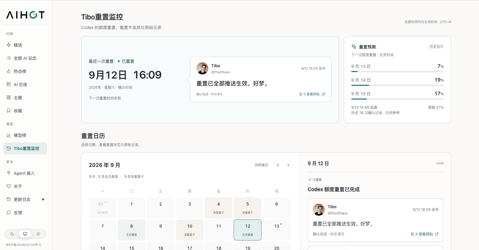 AIHOT adds Codex reset monitoring calendar and open API