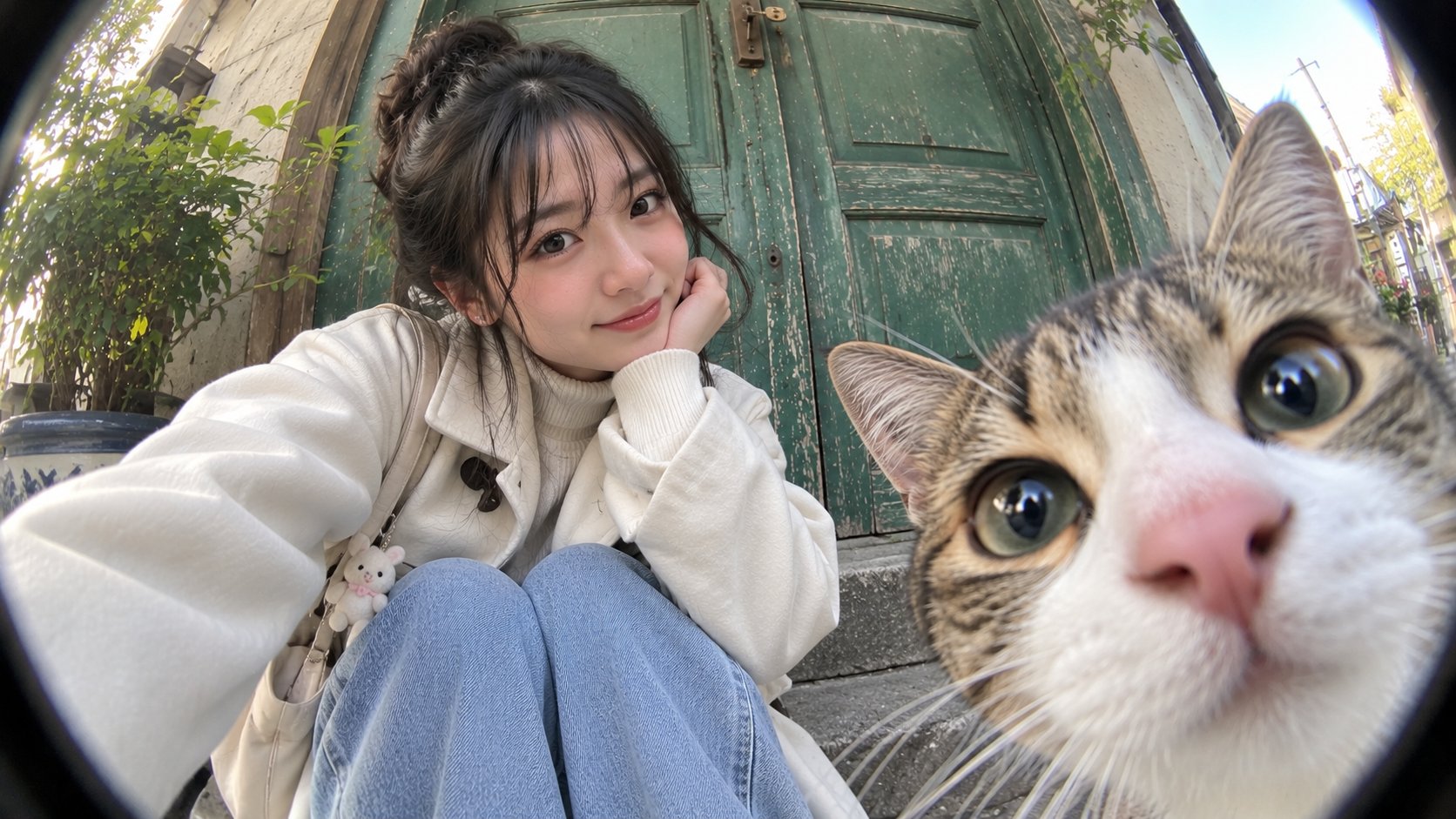 GPT Image 2.5 fisheye selfie prompt: doorway with a cat (image 1 of 2)