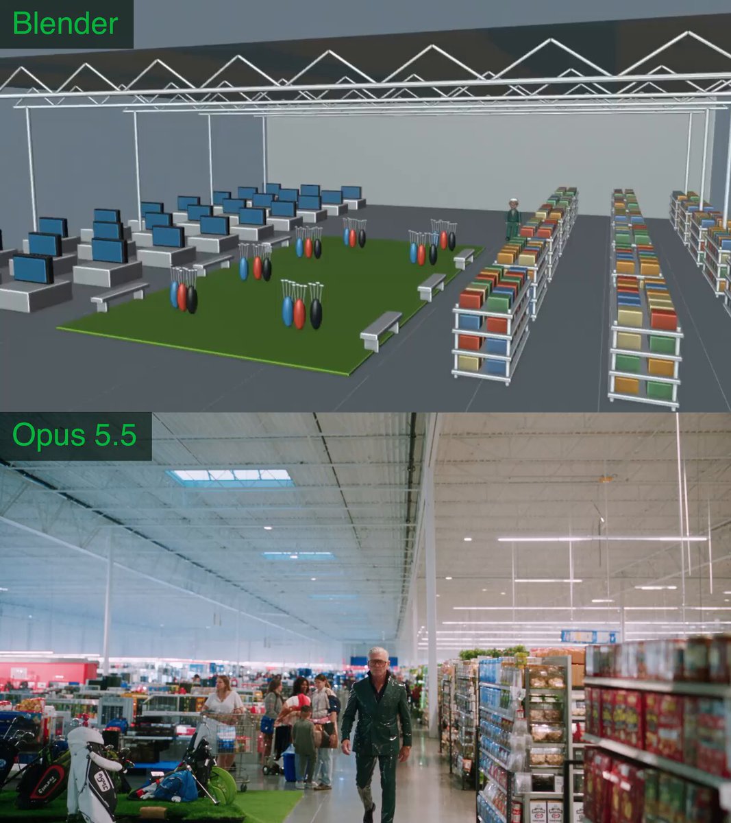 Claude Opus 5.5 turns a Blender 3D simulation into a live-action Fly Man shot