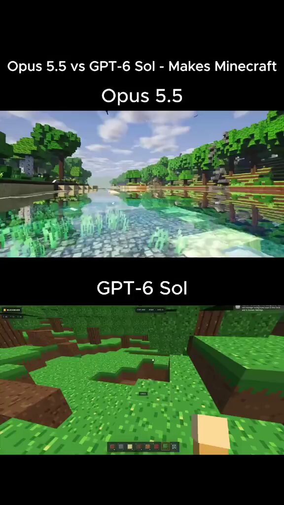Comparing visuals and gameplay in a Minecraft-style world built with Opus 5.5