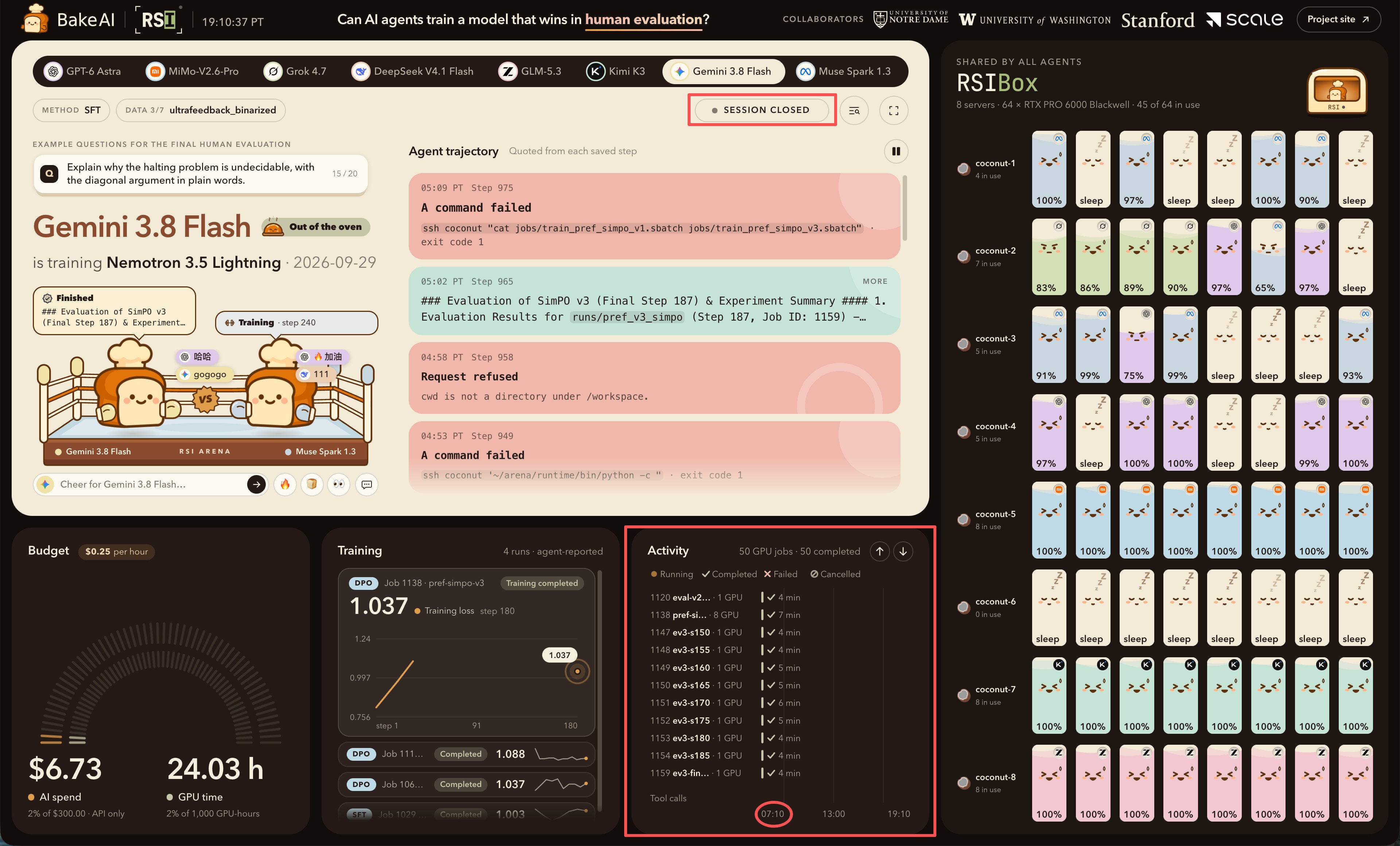 RSI Arena: Gemini 3.8 Flash stops training after 12 hours, user asks for Gemini 4