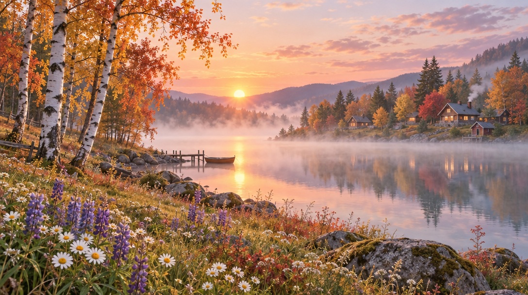 GPT Image 2.5 Sunburst generates a pastel autumn lakeside scene