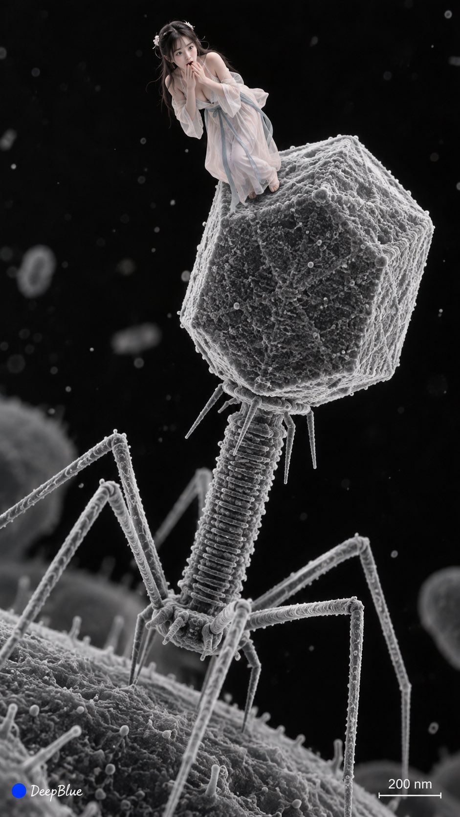 GPT Image 2.5 prompt: a real person standing on a giant bacteriophage