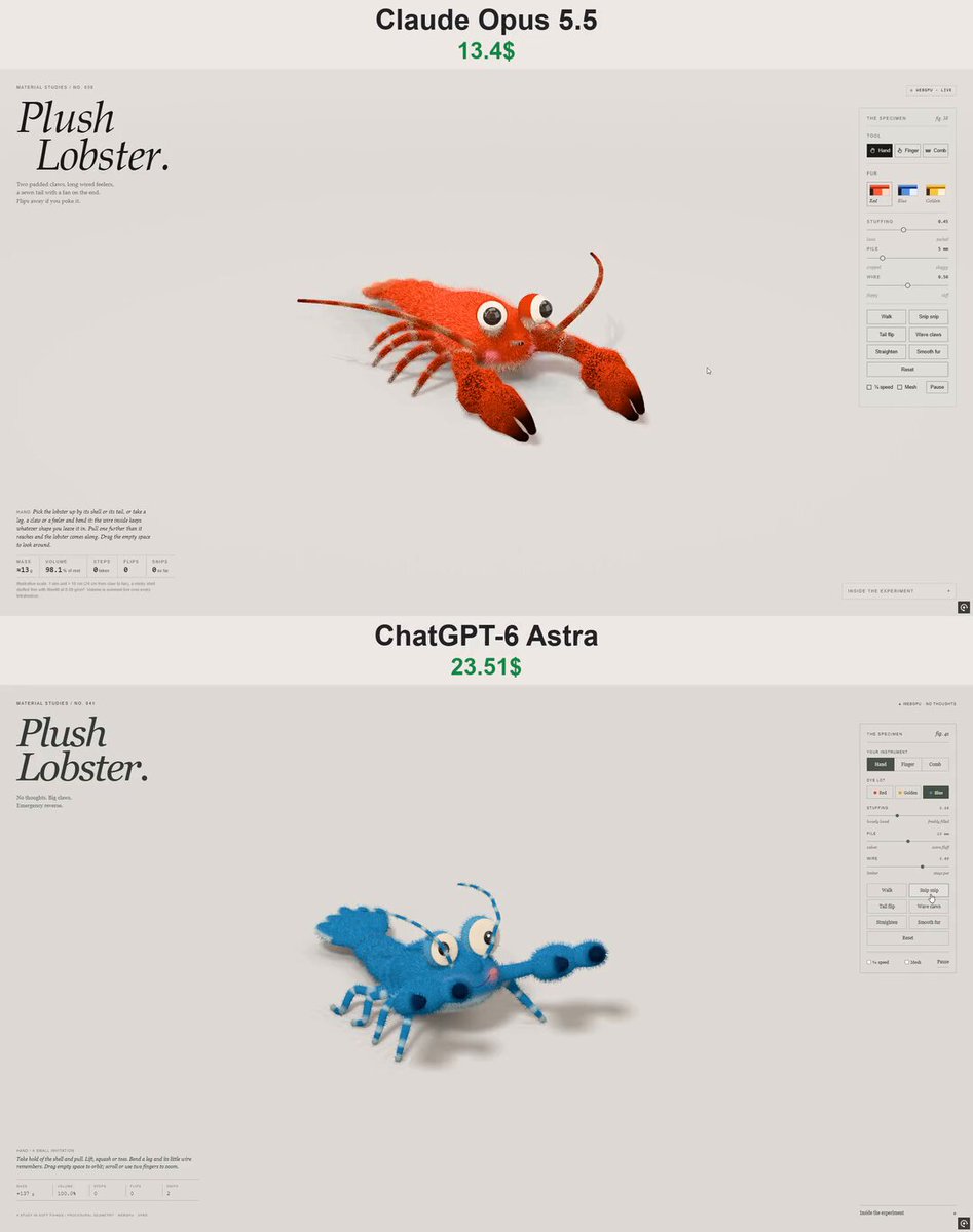 Opus 5.5 vs ChatGPT-6 Astra: plush lobster 3D render comparison