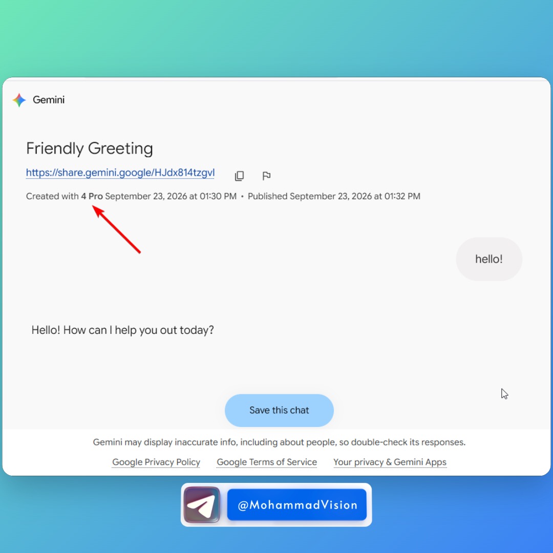 Persian-language post shares a Gemini 4 Pro test link