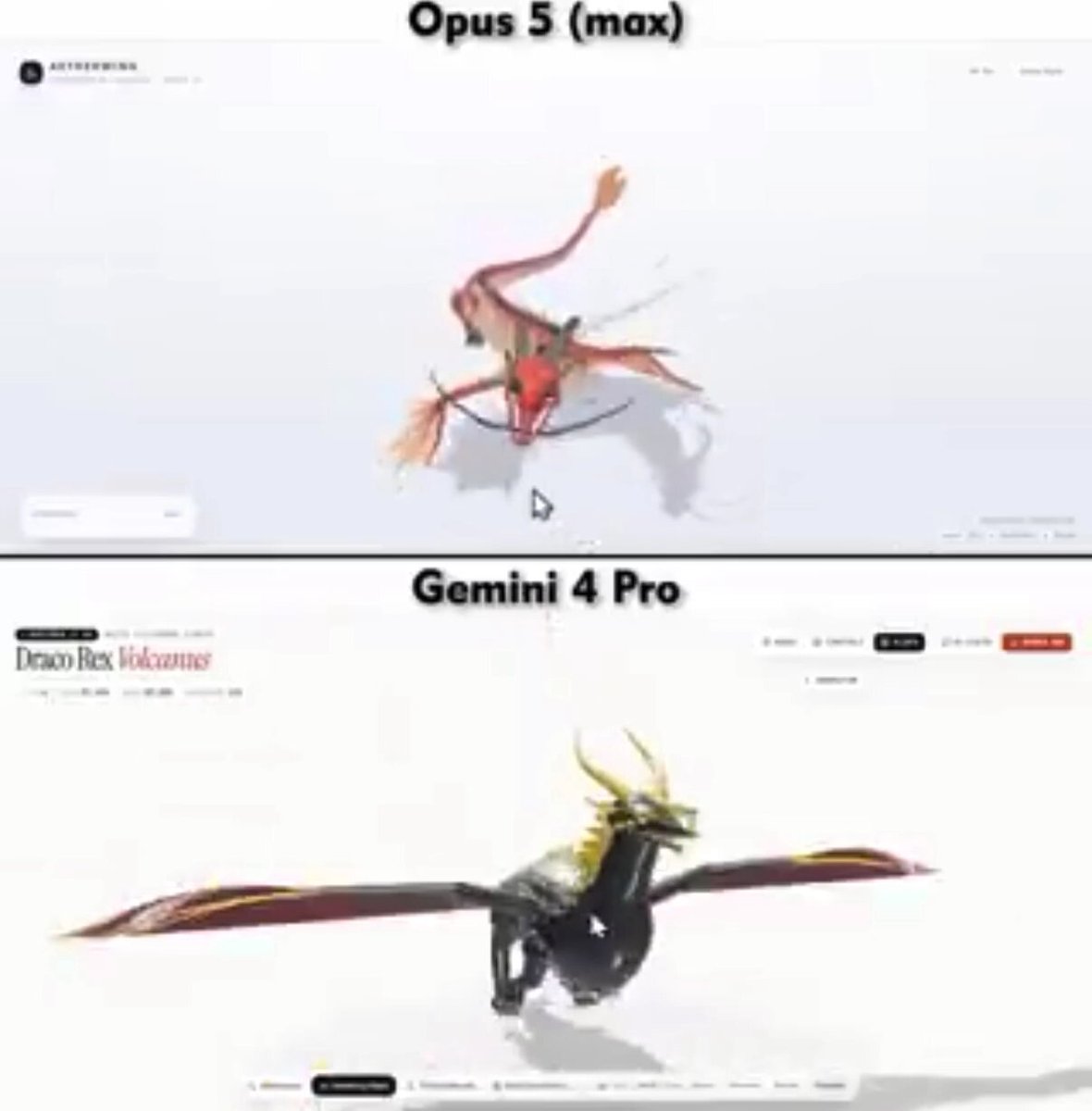 Gemini 4 Pro 与 Opus 5 同题生成 three.js 3D 龙
