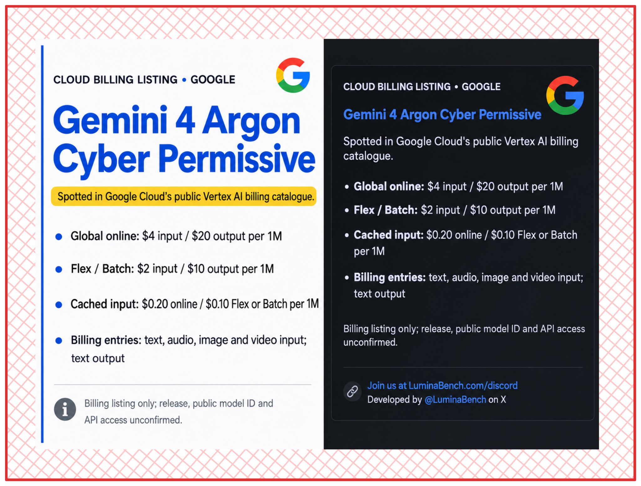 Gemini 4 Argon appears in Google Cloud public billing catalog