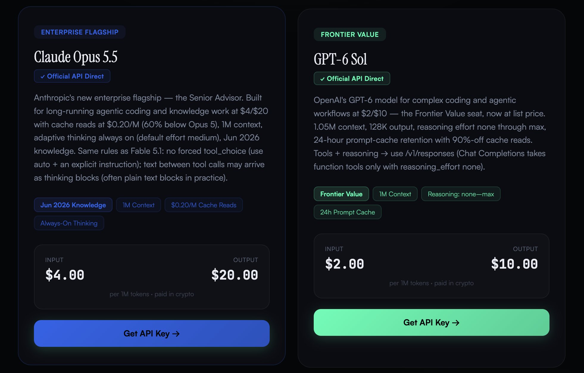ClawAPI lists per-token pricing for GPT-6 Sol and Luna