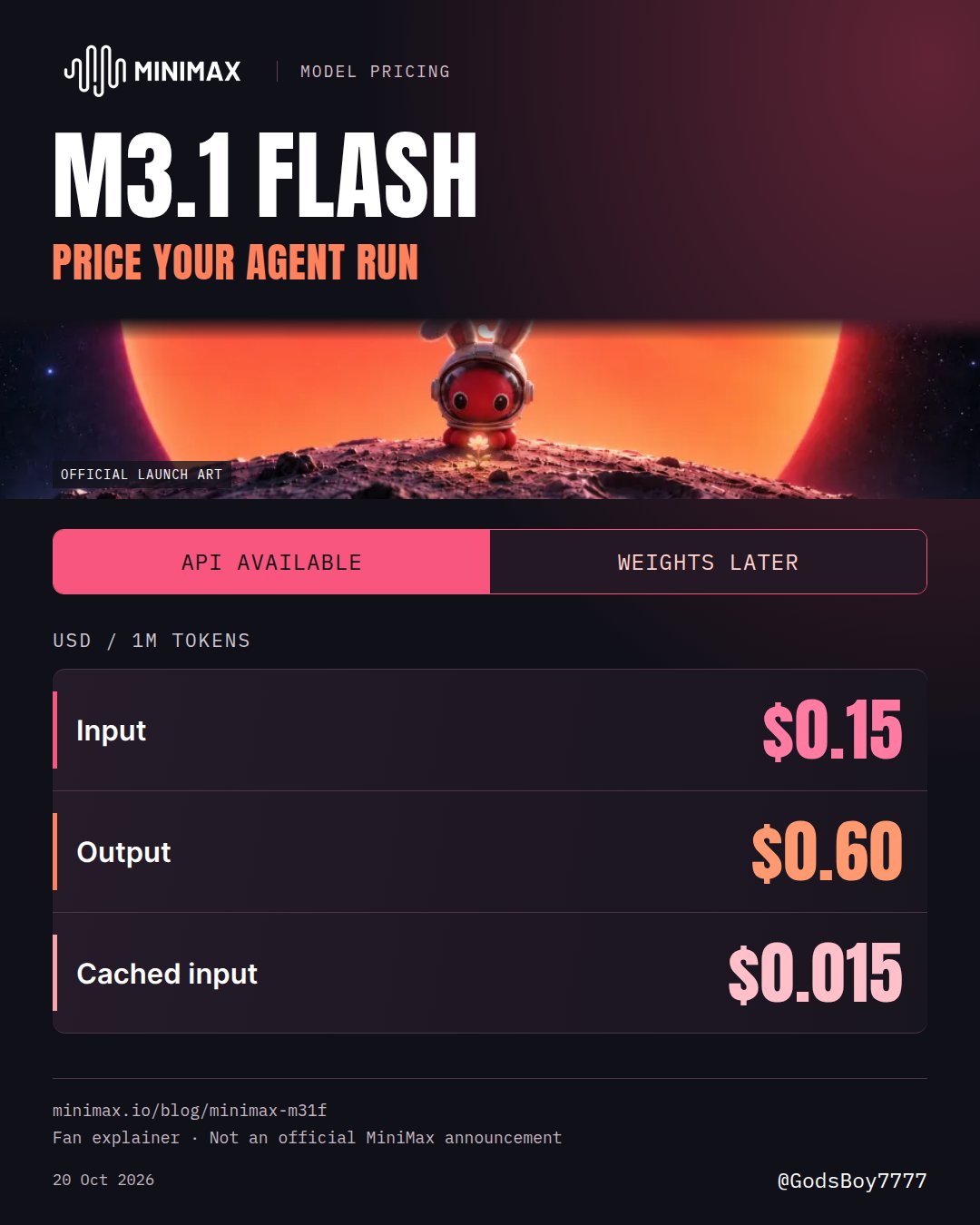 MiniMax M3.1 Flash API 定价公布:输入 $0.15/百万 tokens