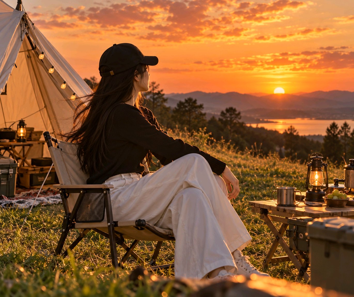 GPT Image 2.5 camping sunset prompt: change the outfit, change the mood (image 2 of 2)