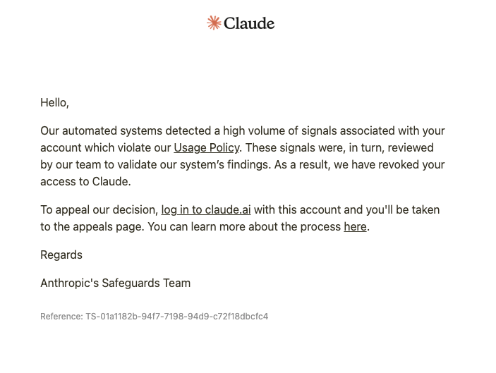 Claude account banned for normal use, one user says