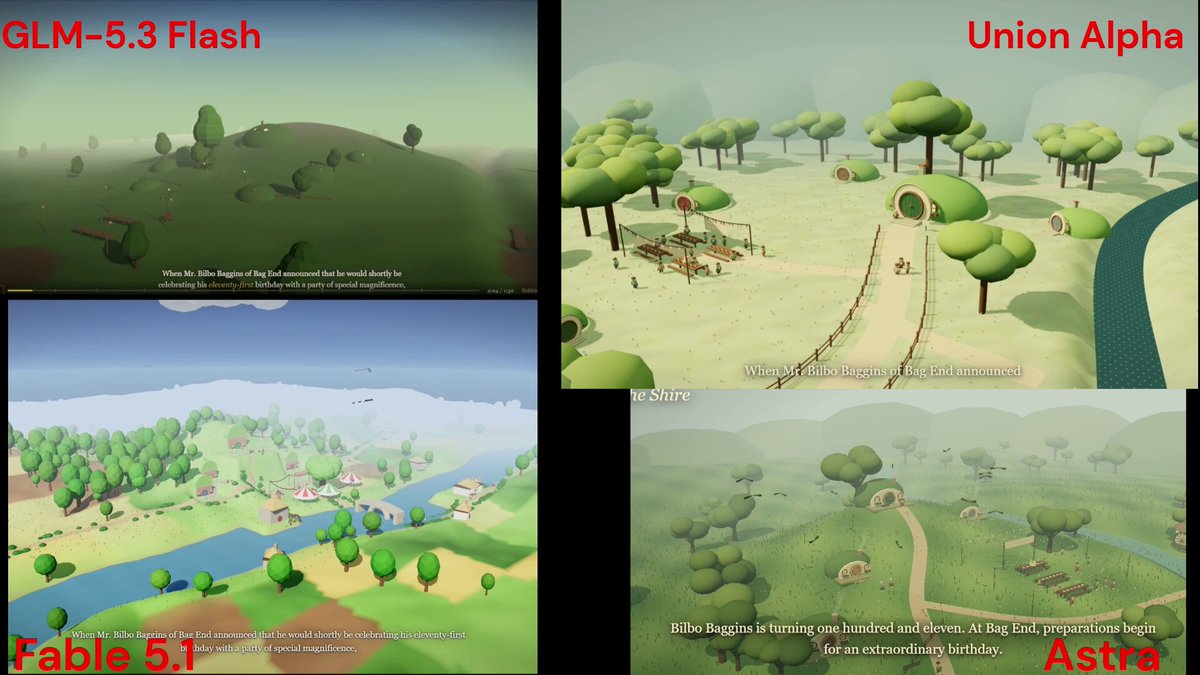 Union Alpha 跑 Three.js 指环王开场对比测试，强于 GLM 5.3 Flash