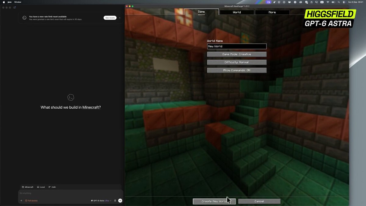 GPT-6 Astra 用 Higgsfield MCP 在 Minecraft 里搭纽约
