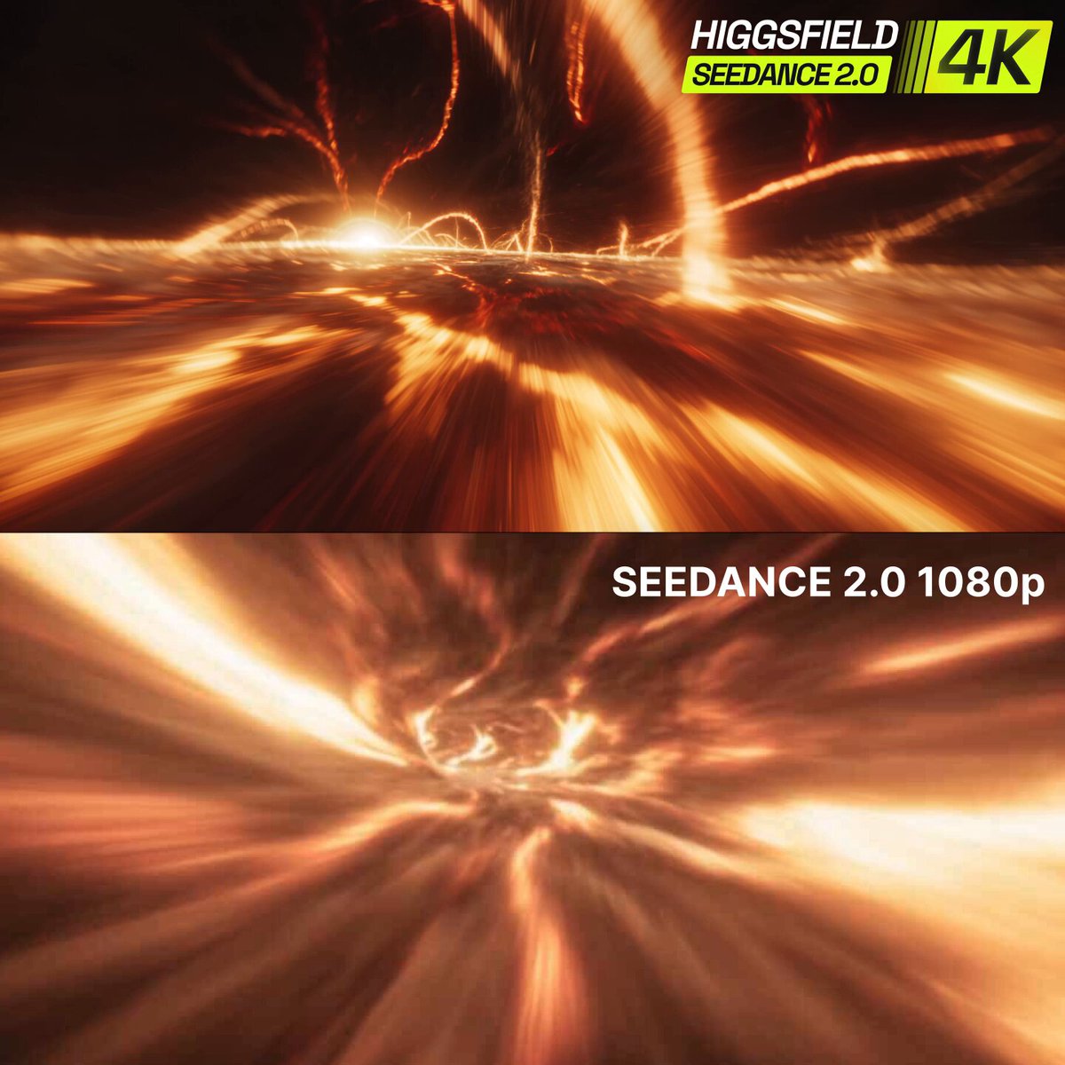 Higgsfield 官方展示 Seedance 2.0 黑洞 4K 与 1080p 对比