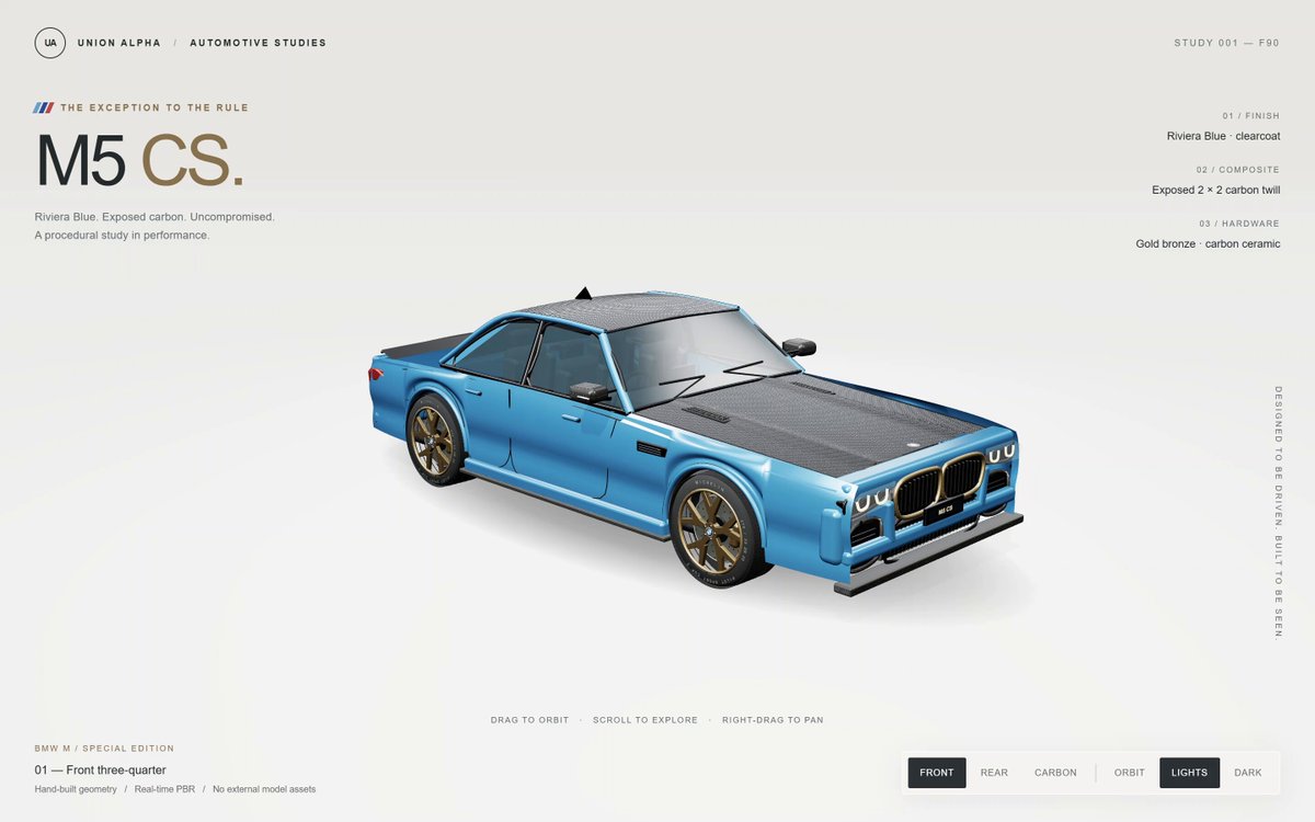 Union Alpha 配 Claude Code 生成 Three.js 宝马 M5 CS 3D 模型