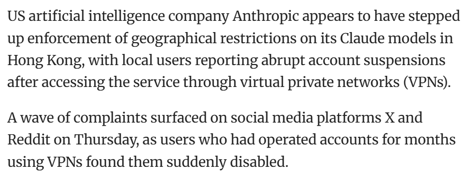 Anthropic suspends Hong Kong users' Claude accounts over VPN access (image 2 of 2)