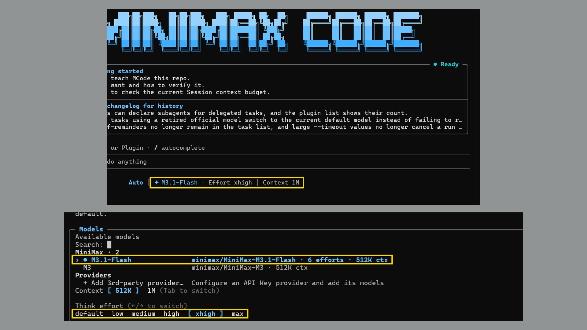 Trying MiniMax M3.1 Flash in MiniMax Code: 1M context and effort levels up to max
