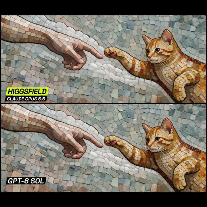 Higgsfield compares GPT-6 Sol and Opus 5.5 on a JavaScript mosaic wake-up animation