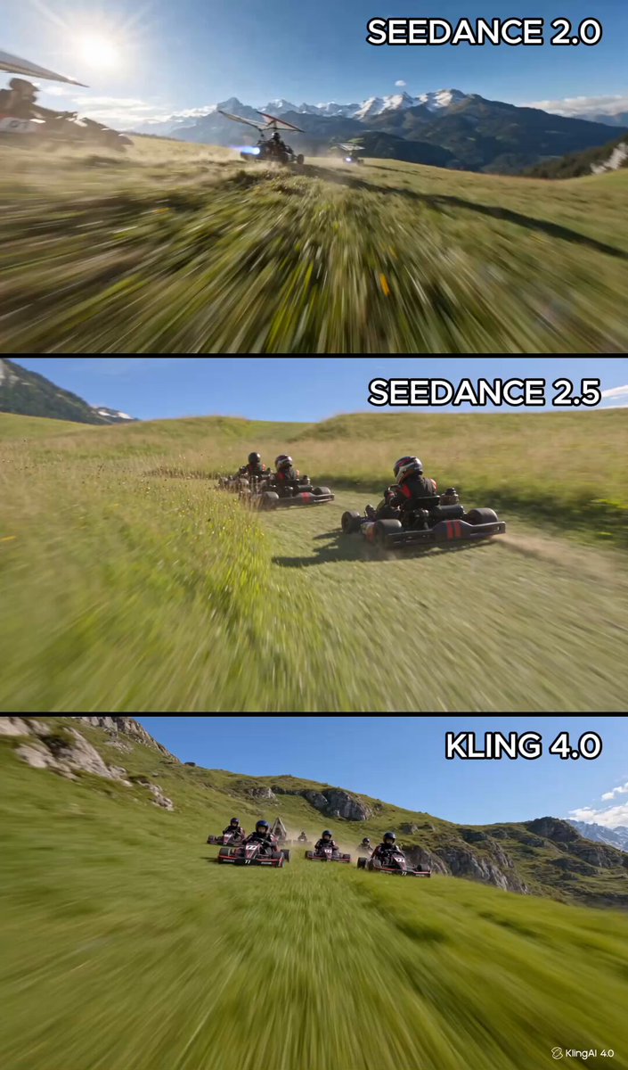 赛车起飞转场：Kling 4.0 与 Seedance 2.0/2.5 同提示词对比