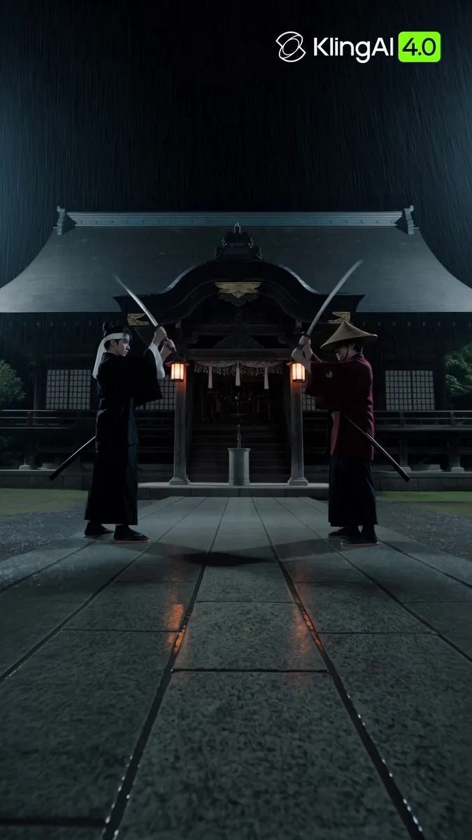 Kling 4.0 generates rain swordfight in one pass: characters hold under orbiting camera