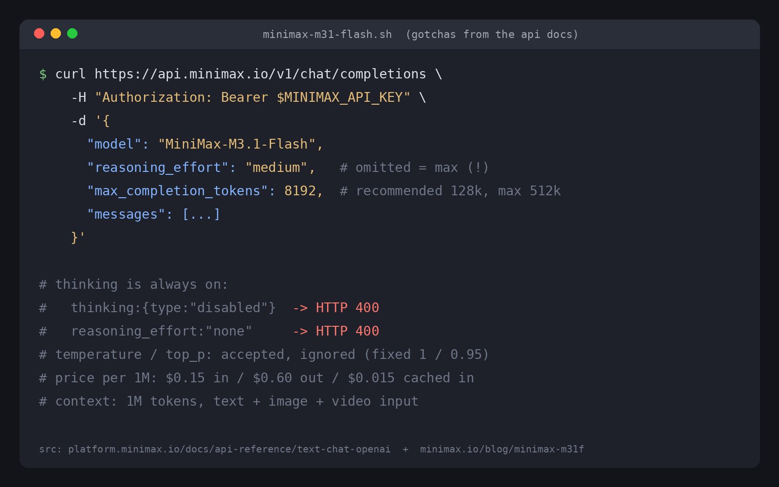 M3.1 Flash API 文档提醒：reasoning_effort 默认 max，思考无法关闭