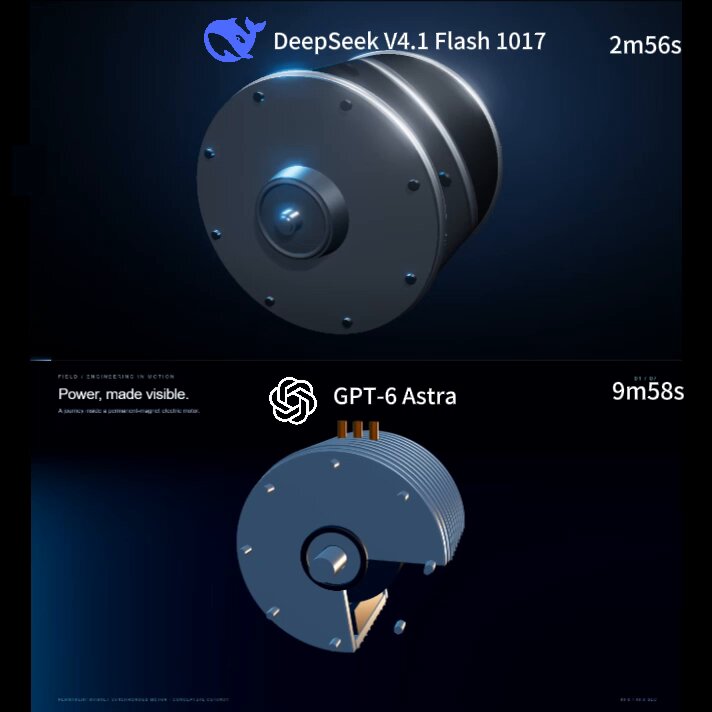 同题 3D 电机挑战：DeepSeek V4.1 Flash 用时比 GPT-6 Astra 少 71%