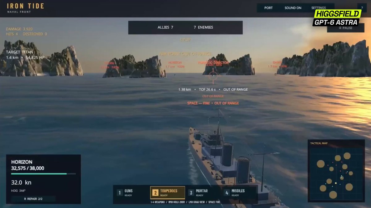 Higgsfield 上跑 GPT-6 Astra 做的 PvP 海战游戏