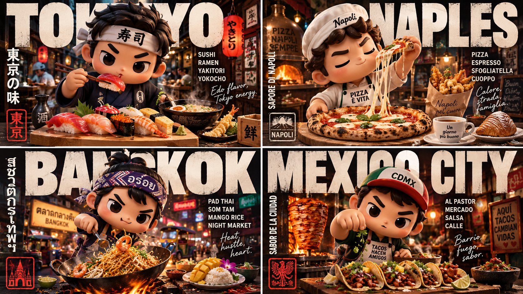 GPT Image 2.5 prompt: 2x2 city food-culture poster grid