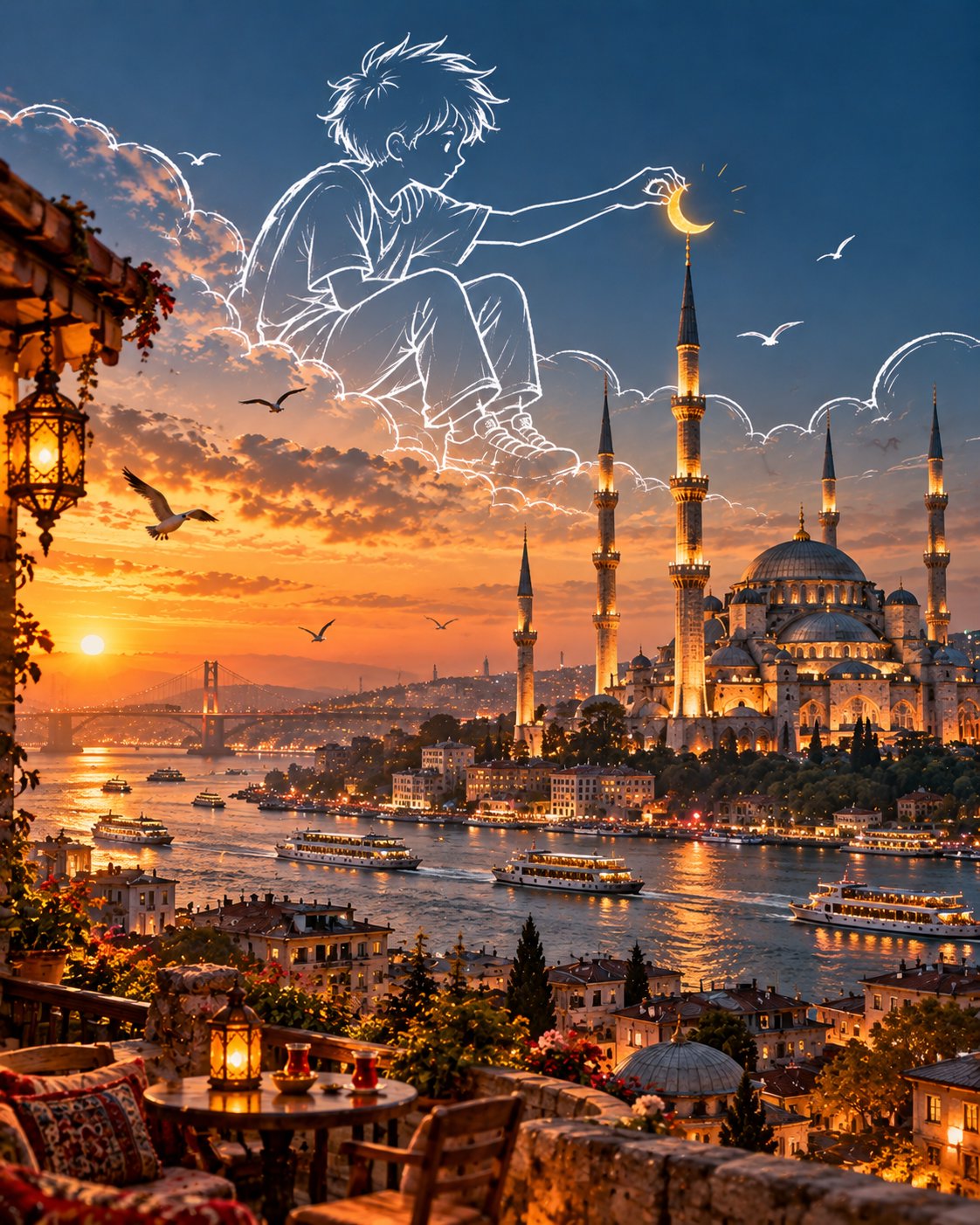 GPT Image 2.5 travel poster prompt: realistic scene with white doodles (image 3 of 4)