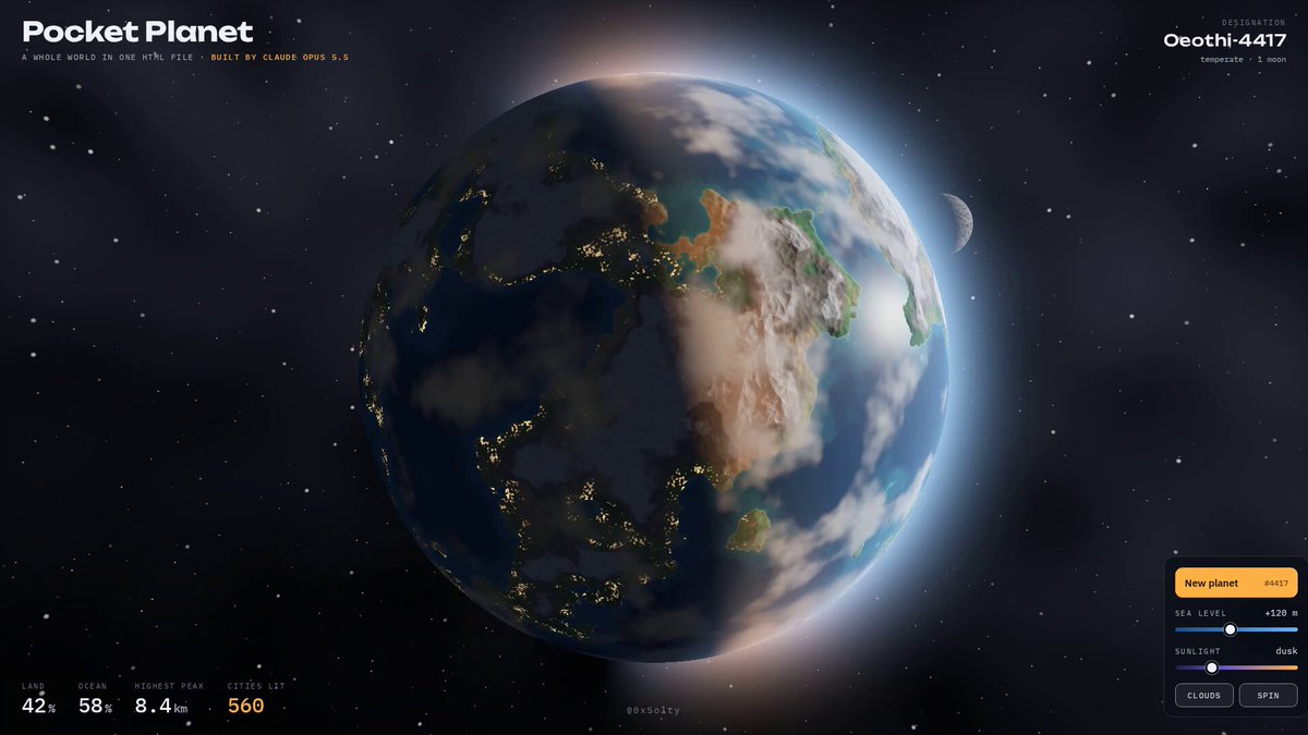Opus 5.5 generates an interactive planet in a single HTML file