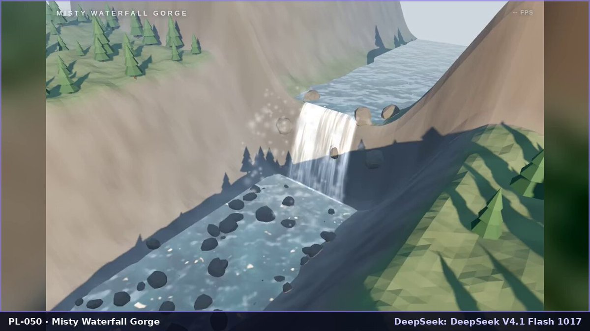 实测：DeepSeek V4.1 Flash 一次提示词生成雾中瀑布峡谷，耗时 176 秒花费 $0.032