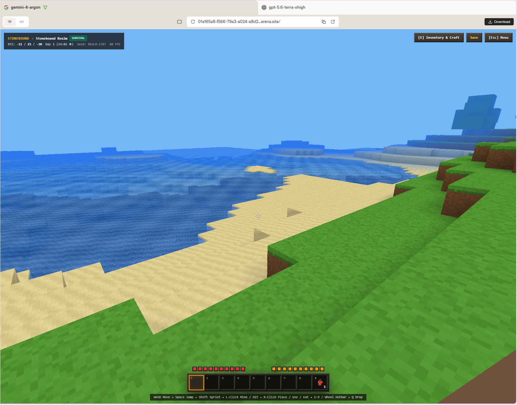Gemini 4 Carbon, listed as gemini-4-argon in Arena, builds a Minecraft clone (image 1 of 4)