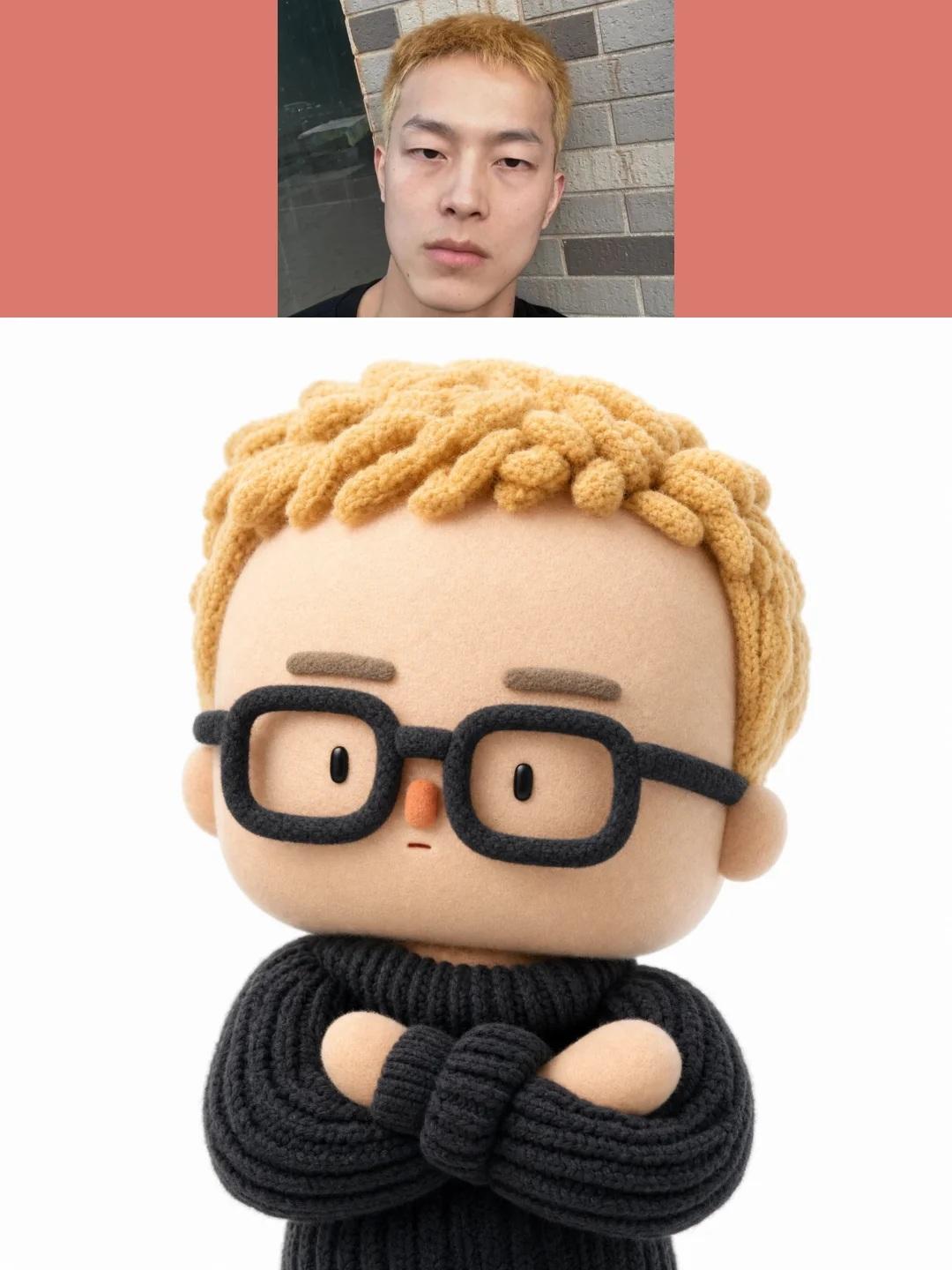 GPT Image 2.5 turns photos into 3D knitted art-toy busts (image 2 of 3)