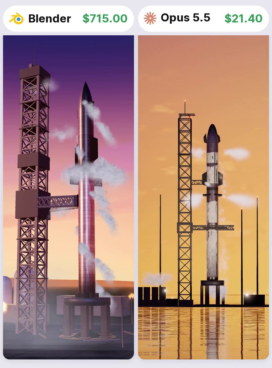 Opus 5.5 renders a 30-second Starship launch for $21.40