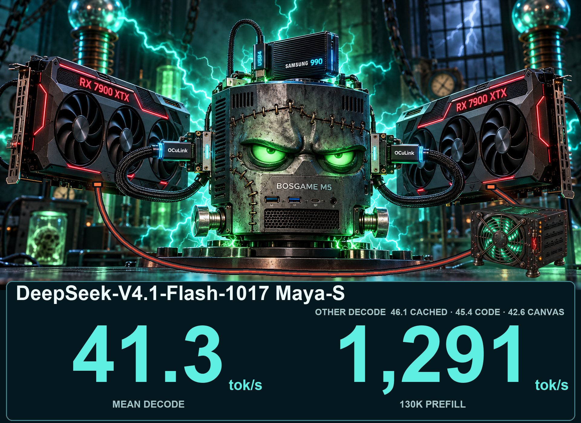 Strix Halo 加双 7900 XTX 本地跑 V4.1 Flash：解码 41.3 tok/s，预填提速 8.3