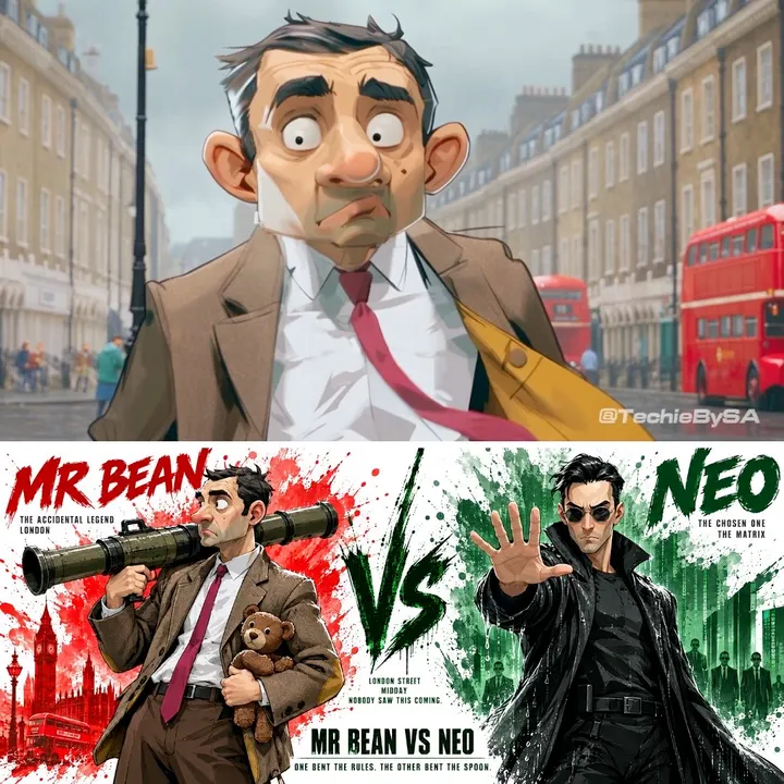 Mr. Bean stops Neo with a teddy bear in GPT Image 2.5 video remix