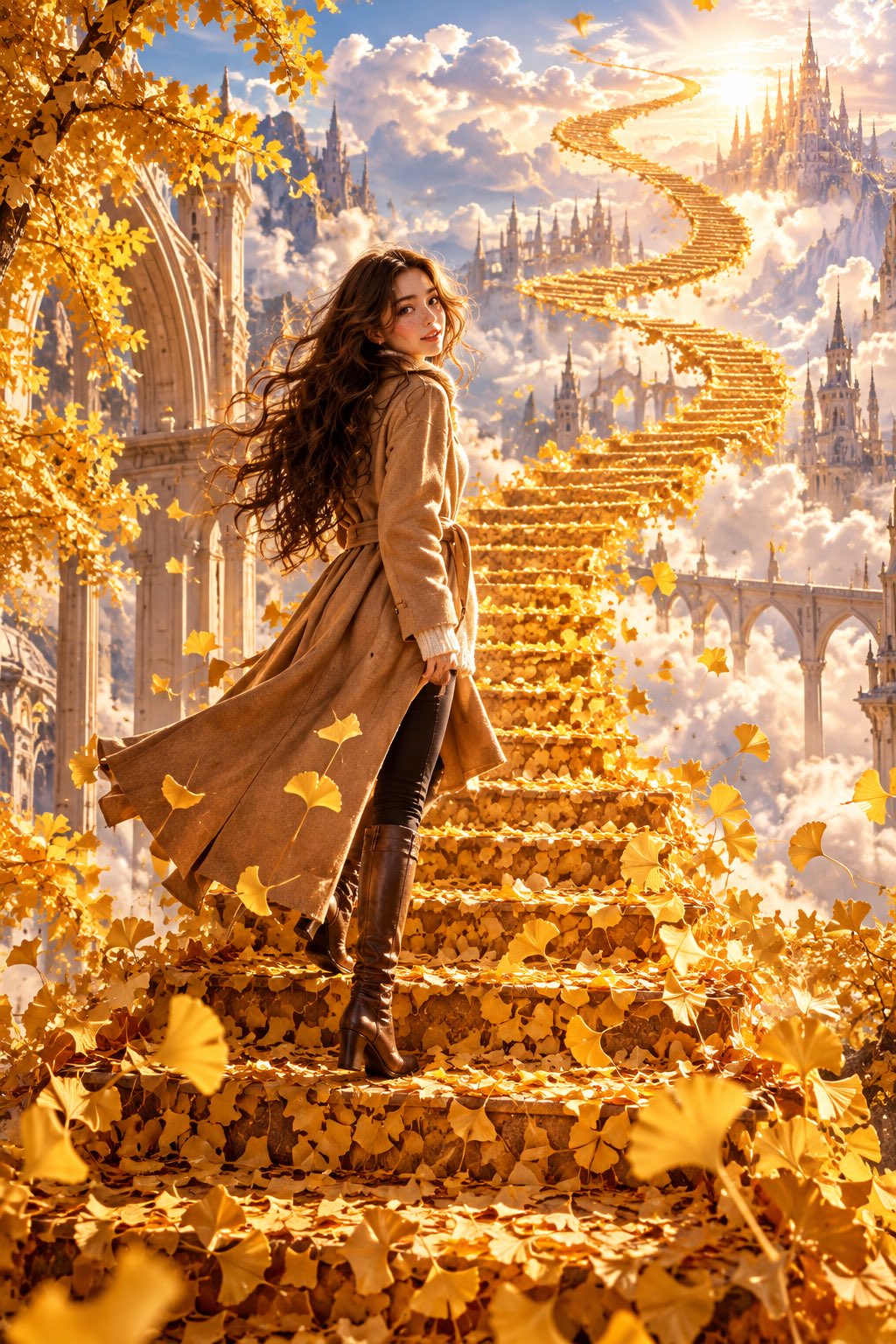 ChatGPT Images: golden ginkgo-leaf stairway to a cloud castle