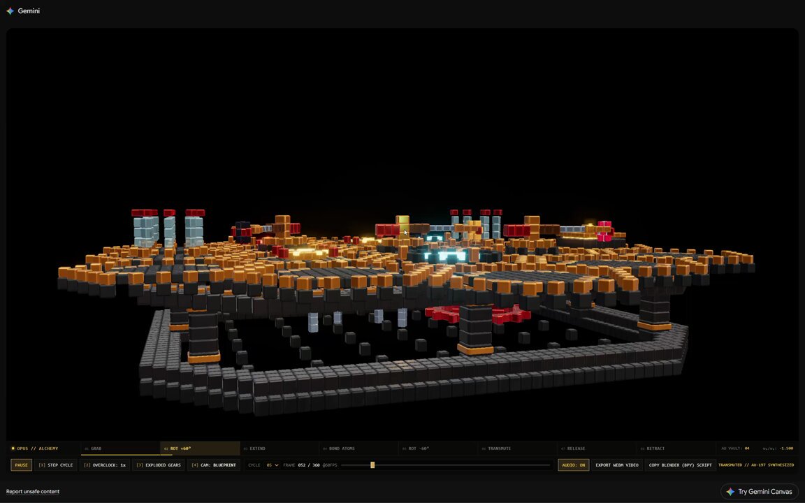 Gemini 4 Pro generates a voxel mechanical clock exportable to Blender