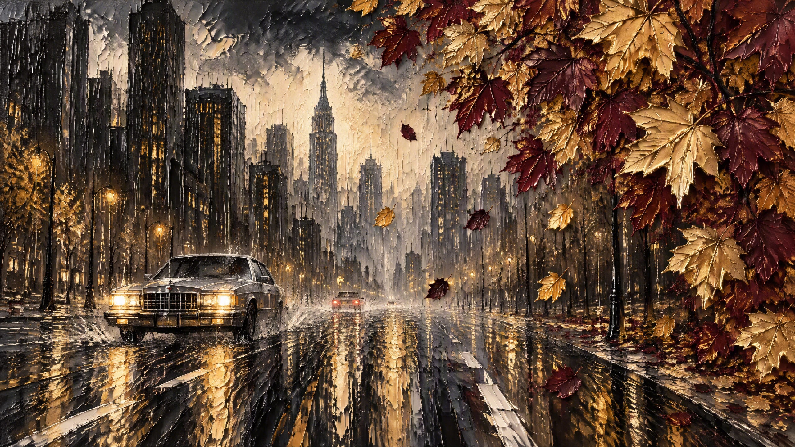 GPT Image 2.5 impasto oil painting: rainy city and gold maple leaves