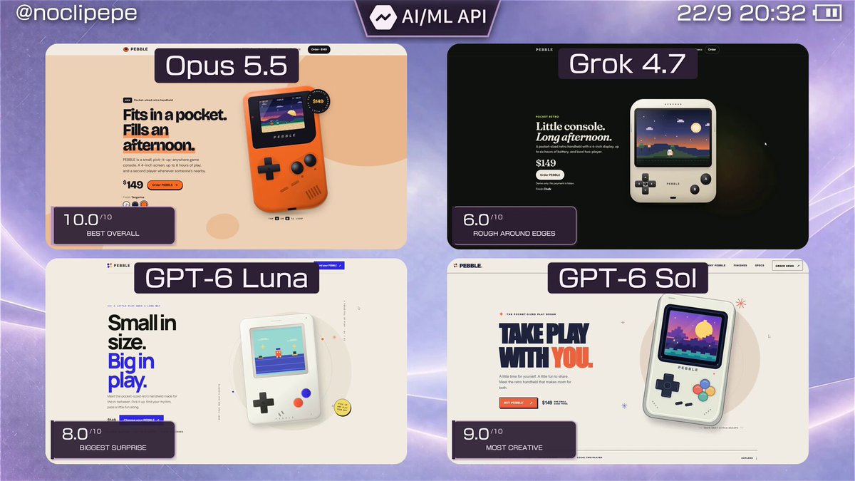 四款模型同题做掌机官网，GPT-6 Sol 与 Luna 同框