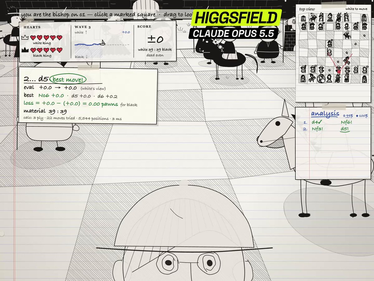 Higgsfield 展示 Claude Opus 5.5 做的象棋游戏