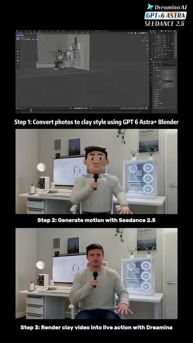 A clay-to-live-action pipeline with Astra, Blender and Seedance