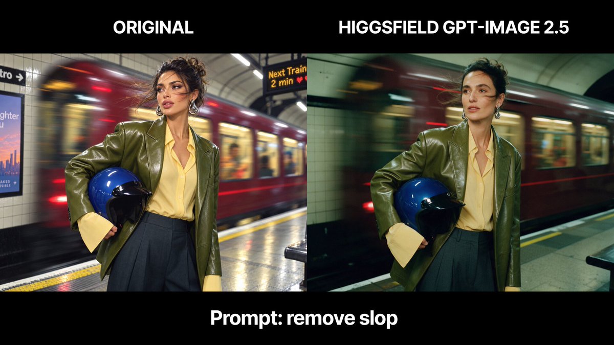 Higgsfield 上 GPT-Image 2.5 的「remove slop」提示词演示
