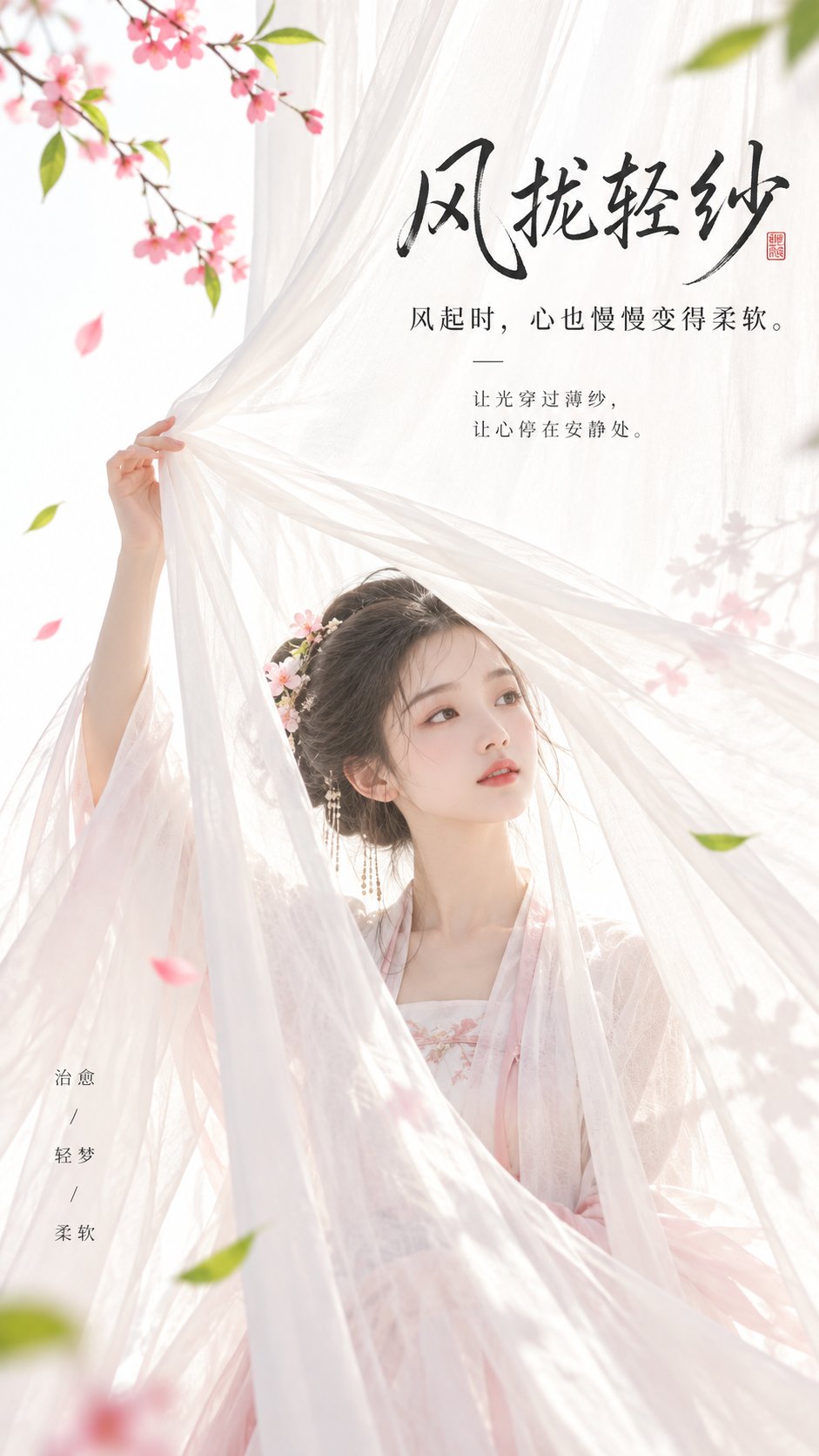 GPT Image 2.5 东方美学海报提示词:风拢轻纱
