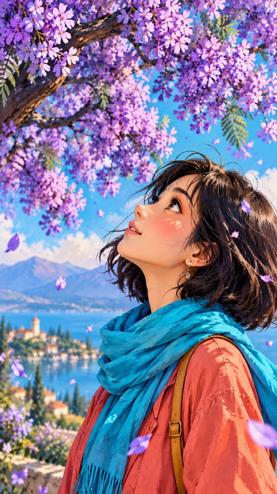 GPT Image 2.5 prompt for a girl under a jacaranda tree