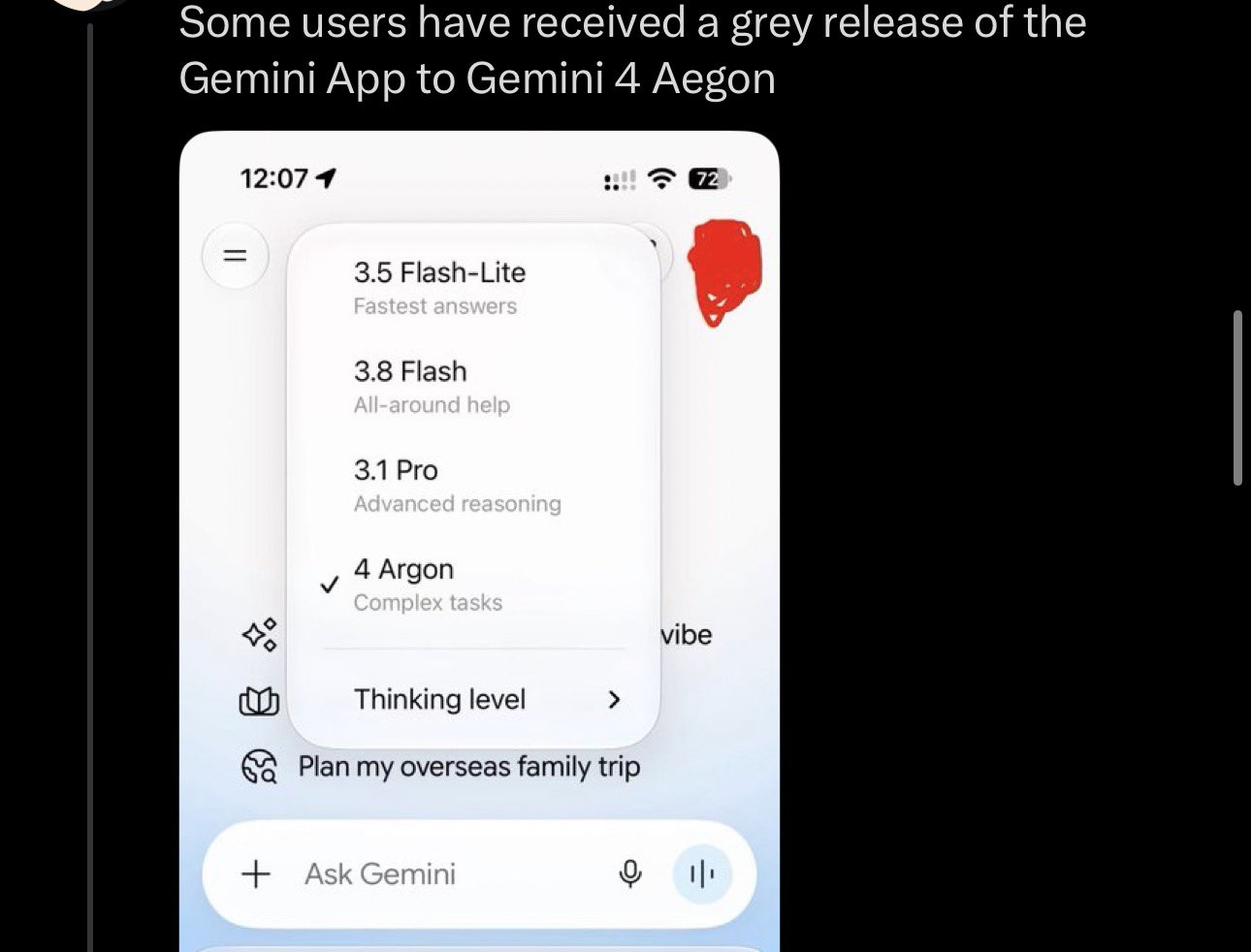 Gemini 4 Argon begins rolling out to a small group of users in the app