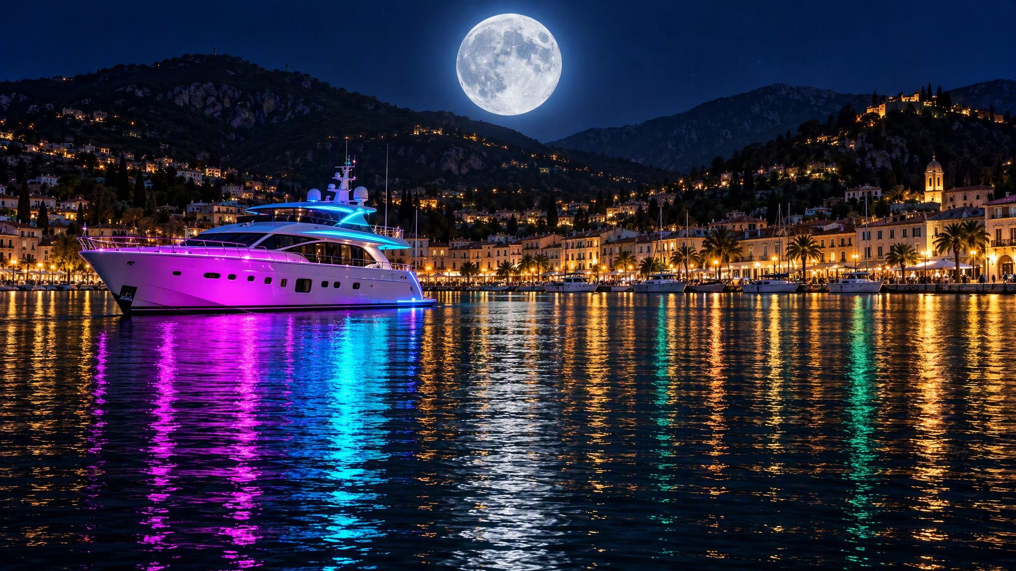 GPT Image 2.5 Sunburst prompt for a neon yacht night scene