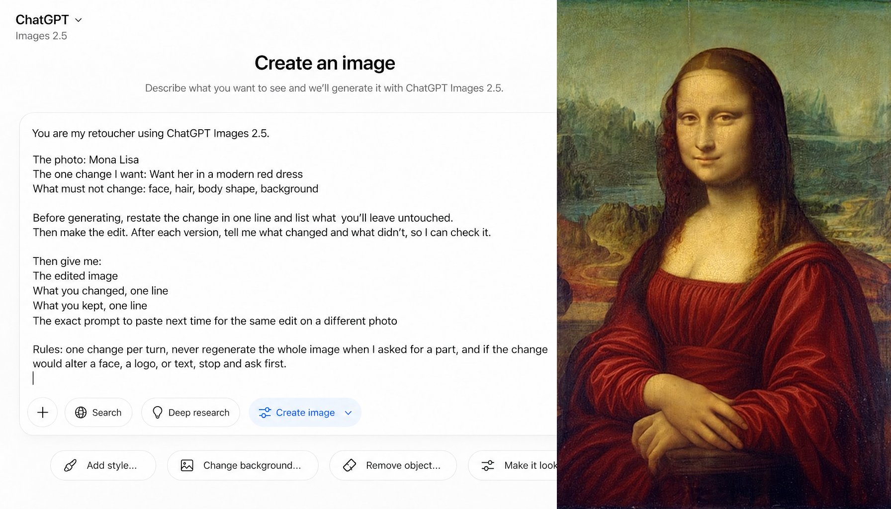 A prompt that makes Images 2.5 edit only the part you ask for